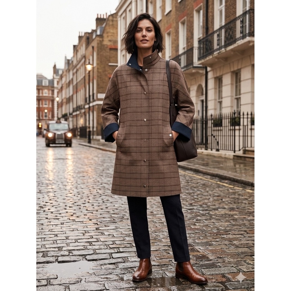 Lafayette 148 New York Brown Plaid Virgin Wool Blend Snap Front Car Coat XL